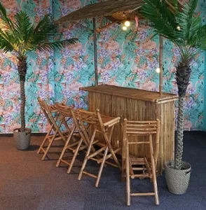 Flera av våra produkter som finns för beachpartyt, hyra palmträd